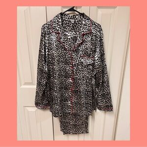 Pink Leopard Print Pajama Set with Red Trim